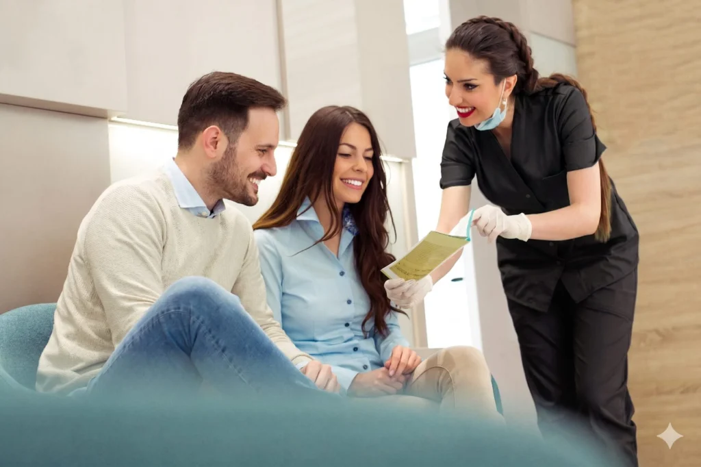 Carefree Smiles Dentistry team member welcoming a smiling couple in the waiting area